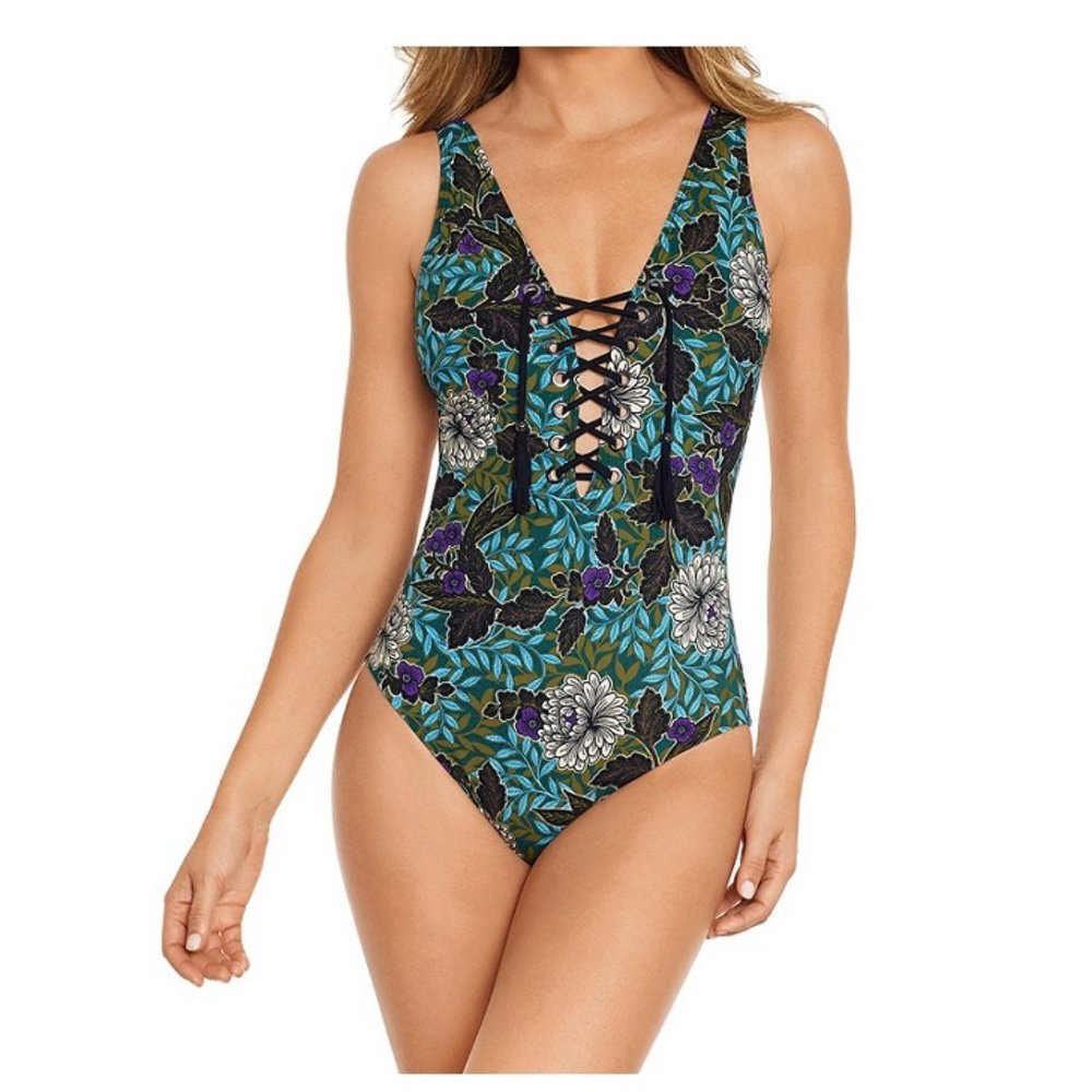Amoressa by Miraclesuit Rhiannon Gypsy Lace Up One Piece Swimsuit $188 Size 12
